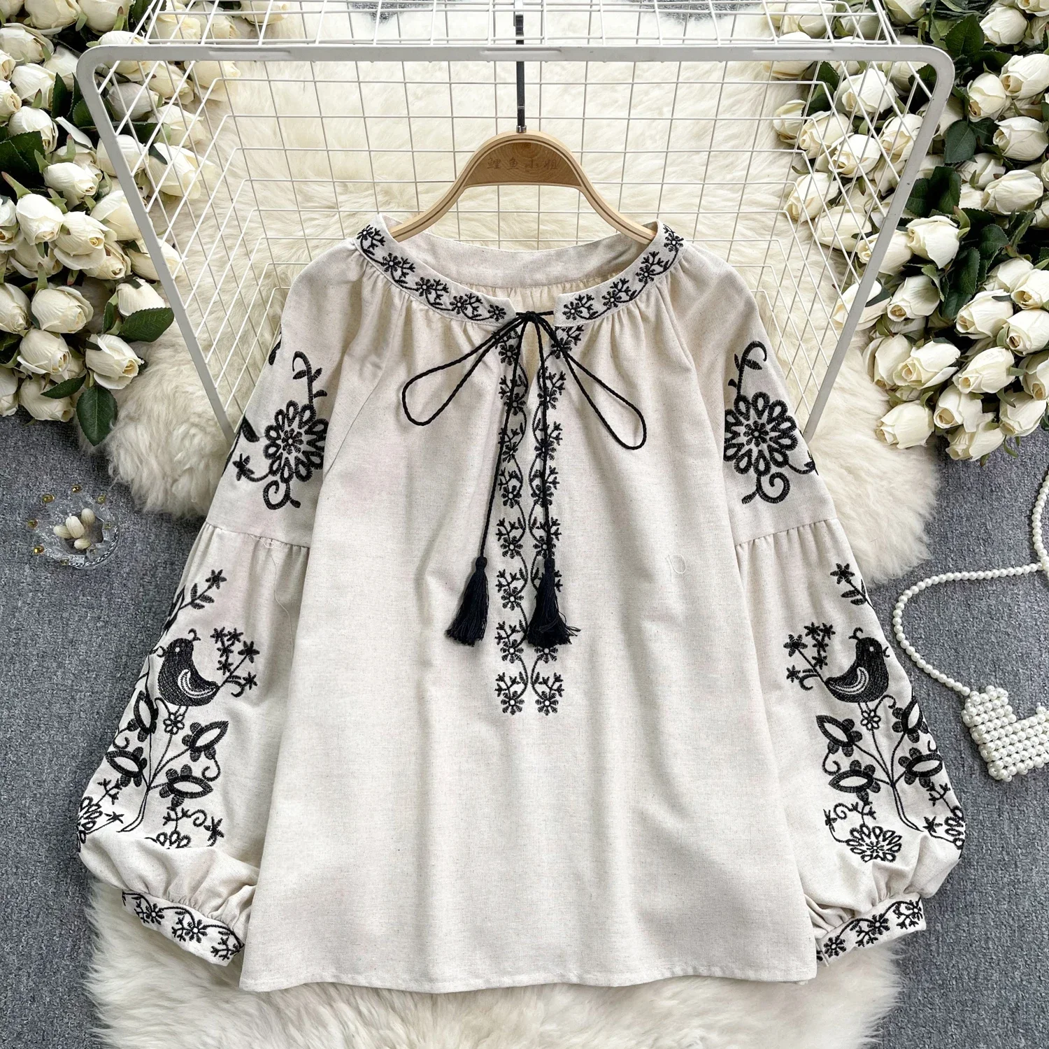 Damen-Bluse im Vintage-Ethno-Stil, Rundhalsausschnitt, lange Ärmel, bestickt, Baumwolle, Hanf, Pullover, lässiges Oberteil für den Herbst