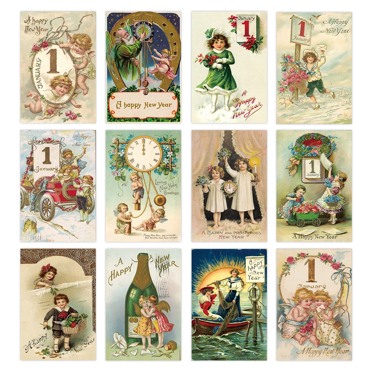 12 szt. Pocztówki inspirowane stylem vintage na Boże Narodzenie i Nowy Rok, kartka z życzeniami szczęśliwego nowego roku, zestaw do kolażu ściennego, świąteczne dekoracje domu
