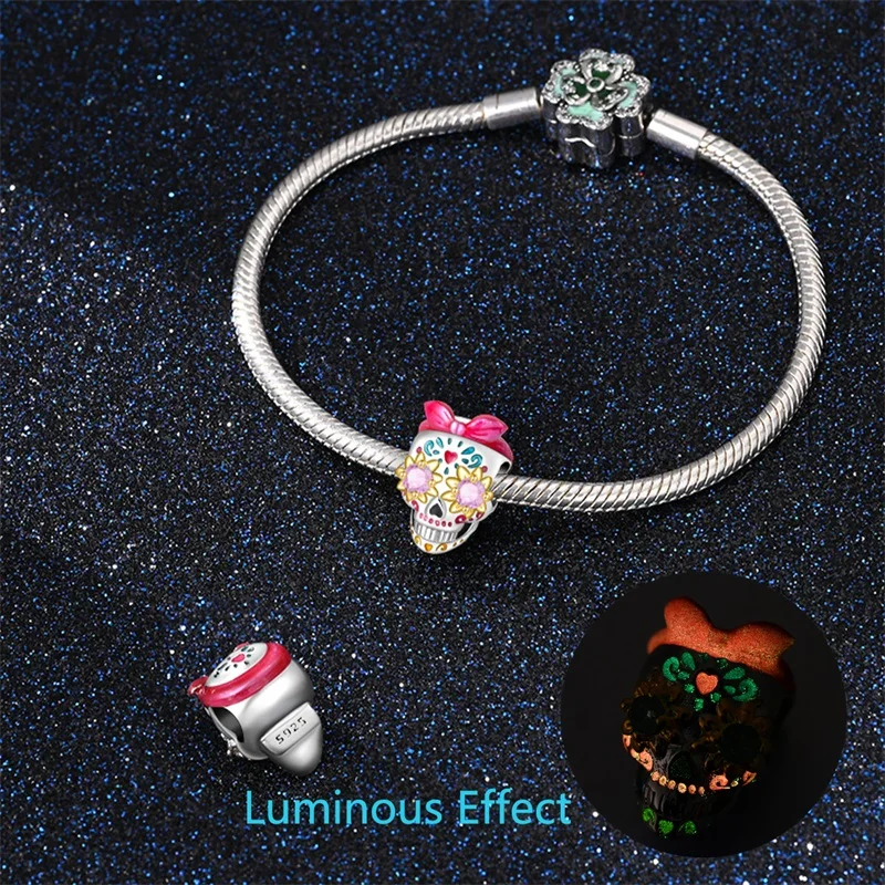 925 Sterling Silver Pink Skull Glow-In-The-Dark Charms Beads Fit Original Bracelet DIY Women Fashion Anniversary Jewelry Gifts