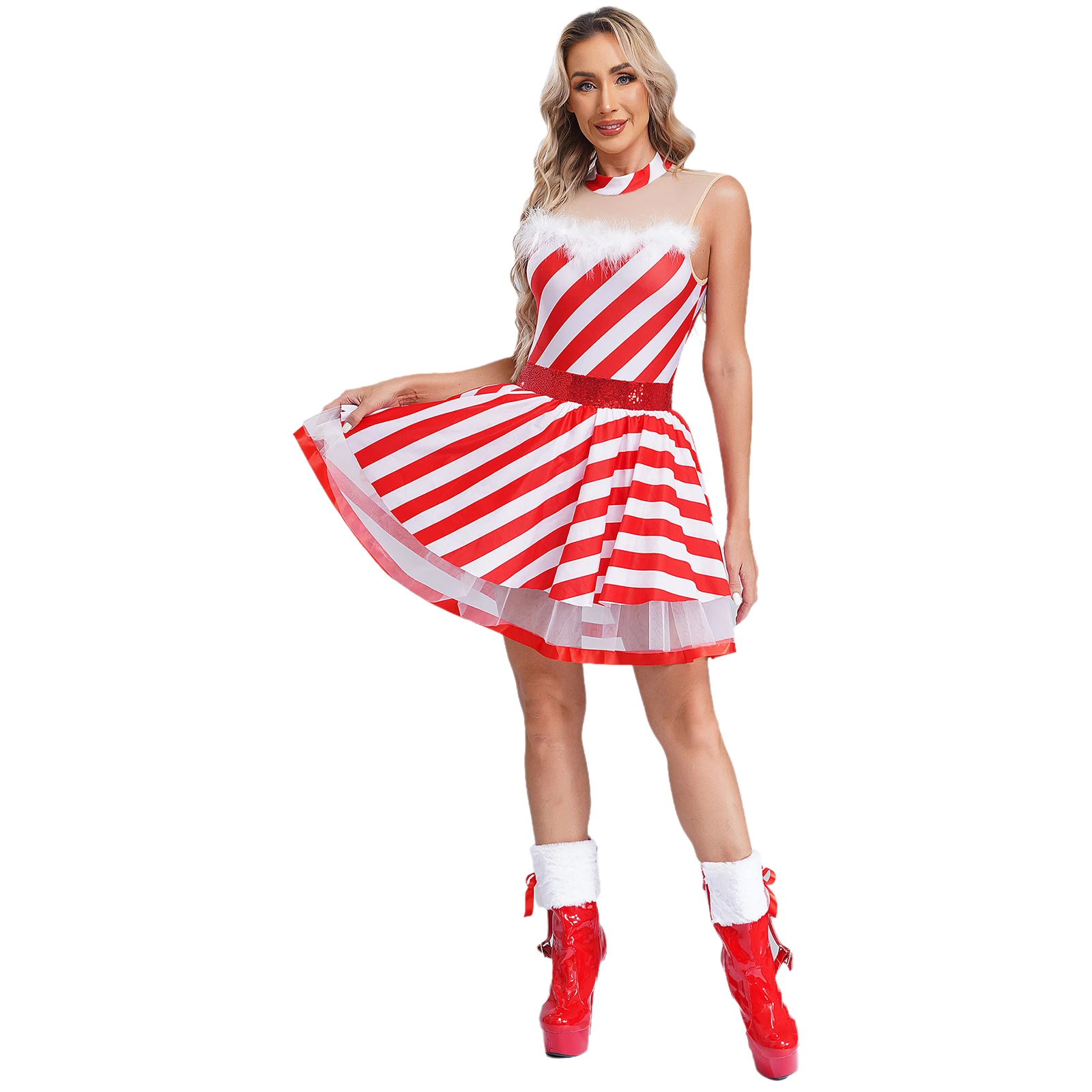 Woman Christmas Costume Sleeveless Sequins Striped Fur Collar Edge Tutu Dress Jumpsuit Halloween Party Candy Cane Cosplay Wear