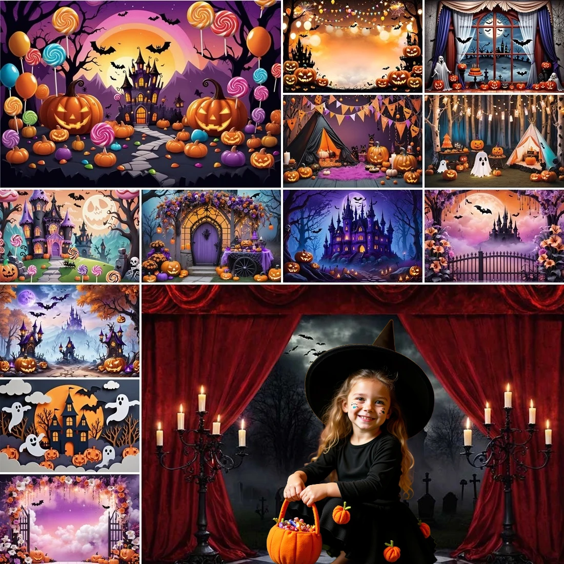 

MOON.QG Background Gothic Halloween Dark Castle Cemetery Bats Ghosts Spooky Curtain Window Photozone Studio Portrait Decor Props