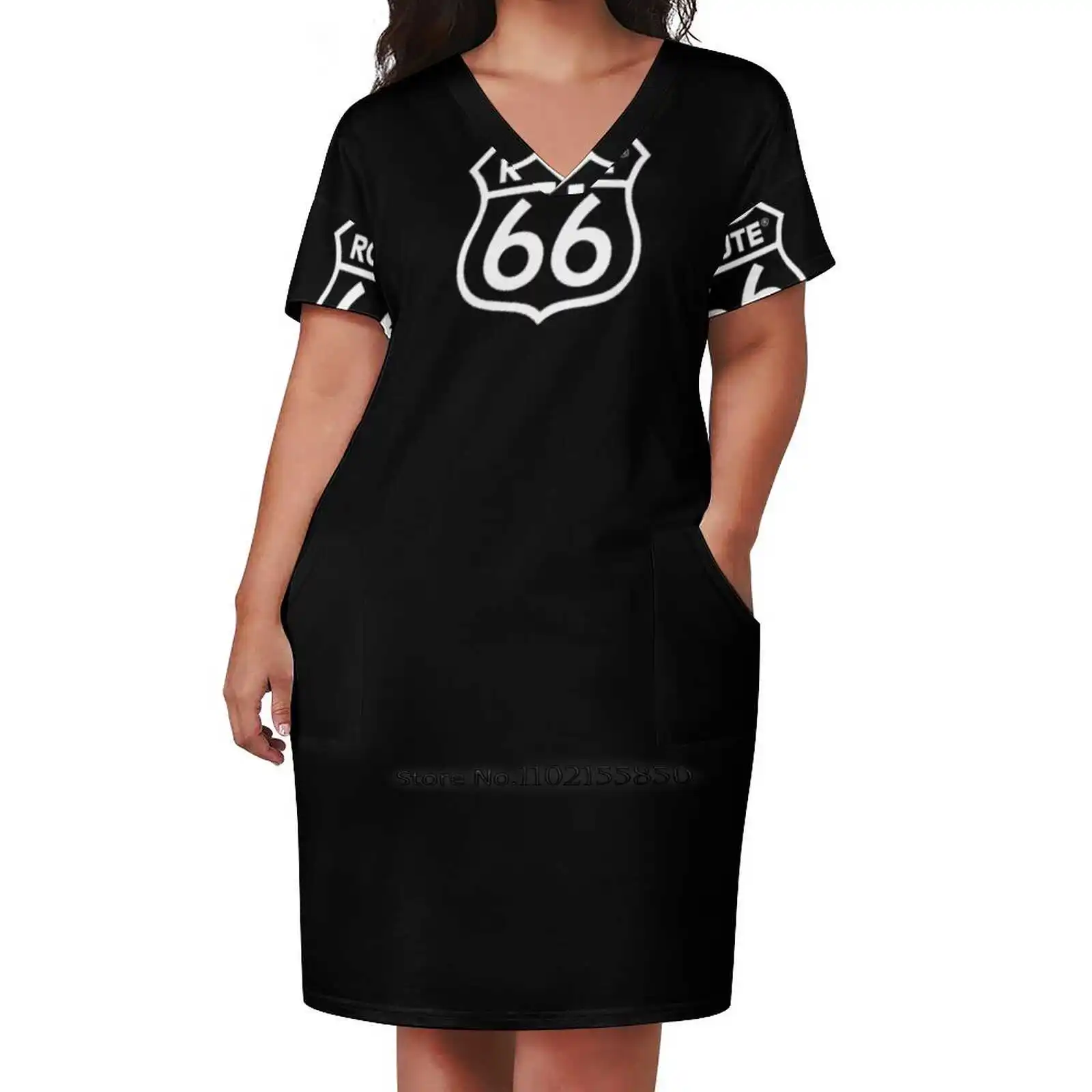 Best Selling - Route 66 Loose Pocket Dress Women Casual V Neck Dress Printed Dress Route 66 Route 66 Route 66 Stuff Route 66