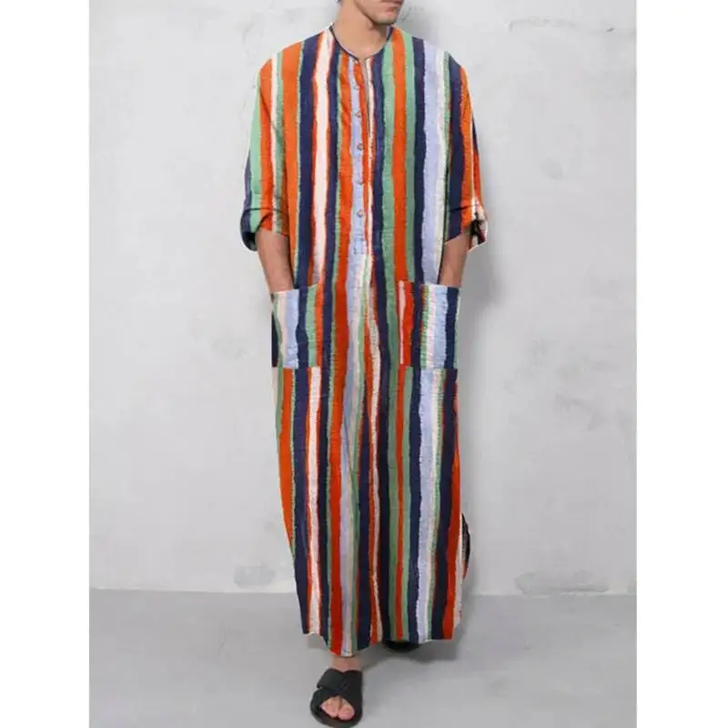 Men's fashion versatile, loose and breathable striped stand up collar, long sleeved Tang style clothing, embroidered Muslim robe