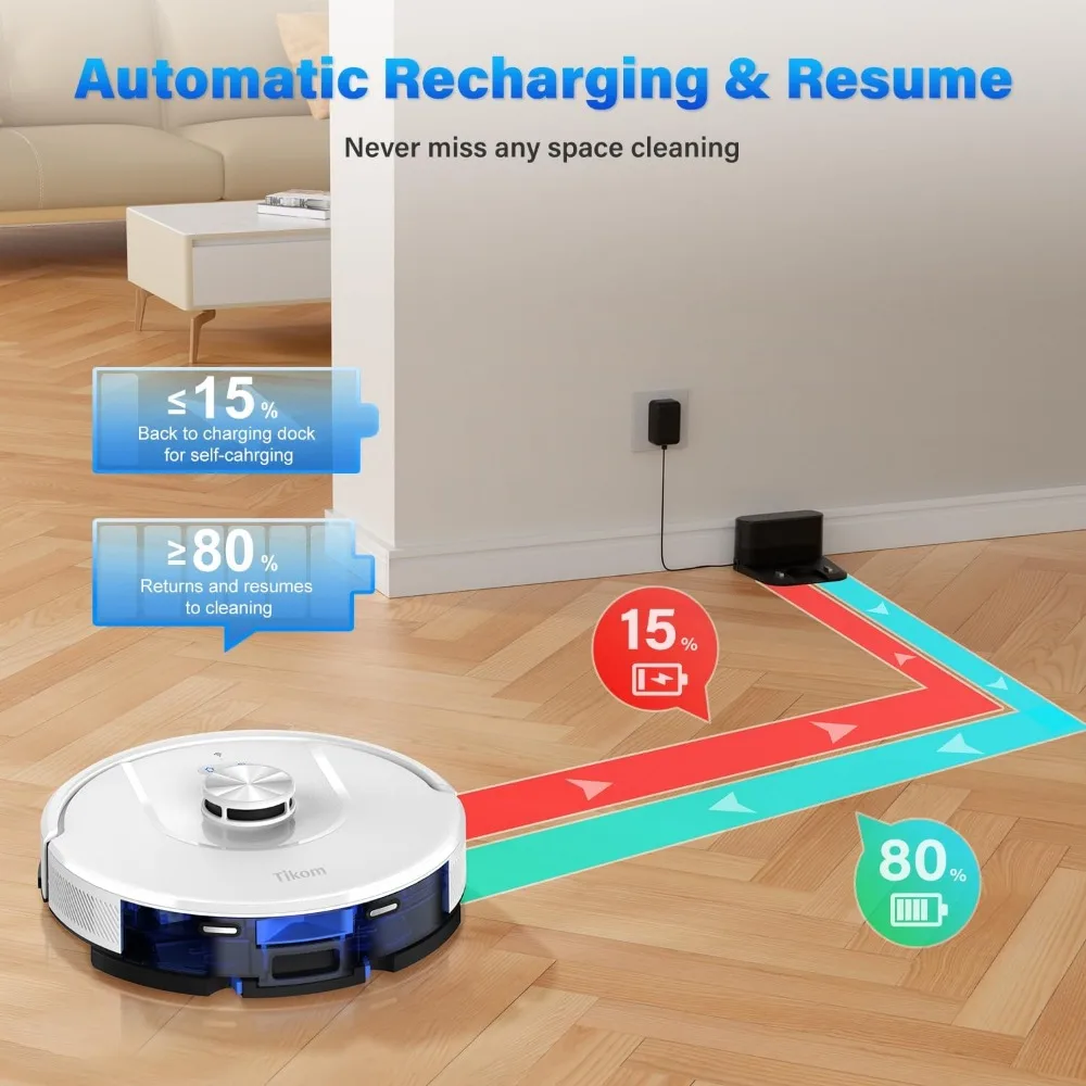 LiDAR-Navigation Robotic Vacuum, Robot Vacuum and Mop, 20 paredes virtuais, bom para pêlos de animais, tapete, piso duro, branco