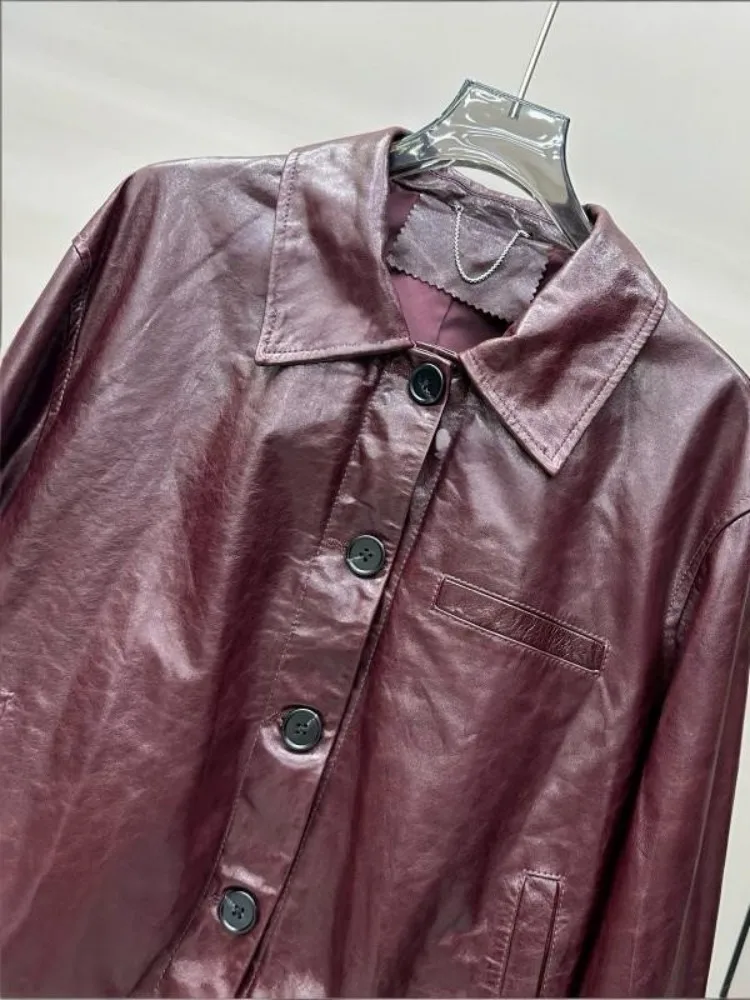 Autunno donna giacca in vera pelle cera d'olio pelle di pecora cappotto retrò monopetto sciolto streetwear capispalla casual da moto