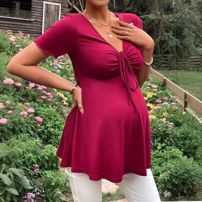 

Платья для беременных, летние однотонные женские платья с v-образным вырезом, свободные юбки больших размеров для беременных, повседневная одежда, новинка 2023 года, хит продаж