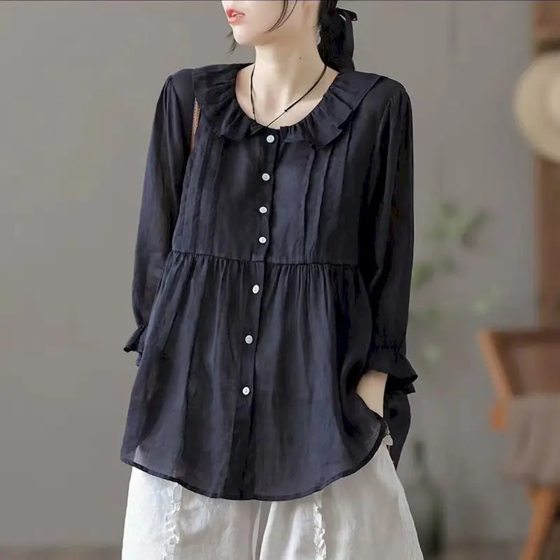 Cotton Linen Shirts Women Fashion Design Doll Shirt Casual Simple Slim Blouses Summer Trend Half Sleeve Thin Shirt Korean Tops