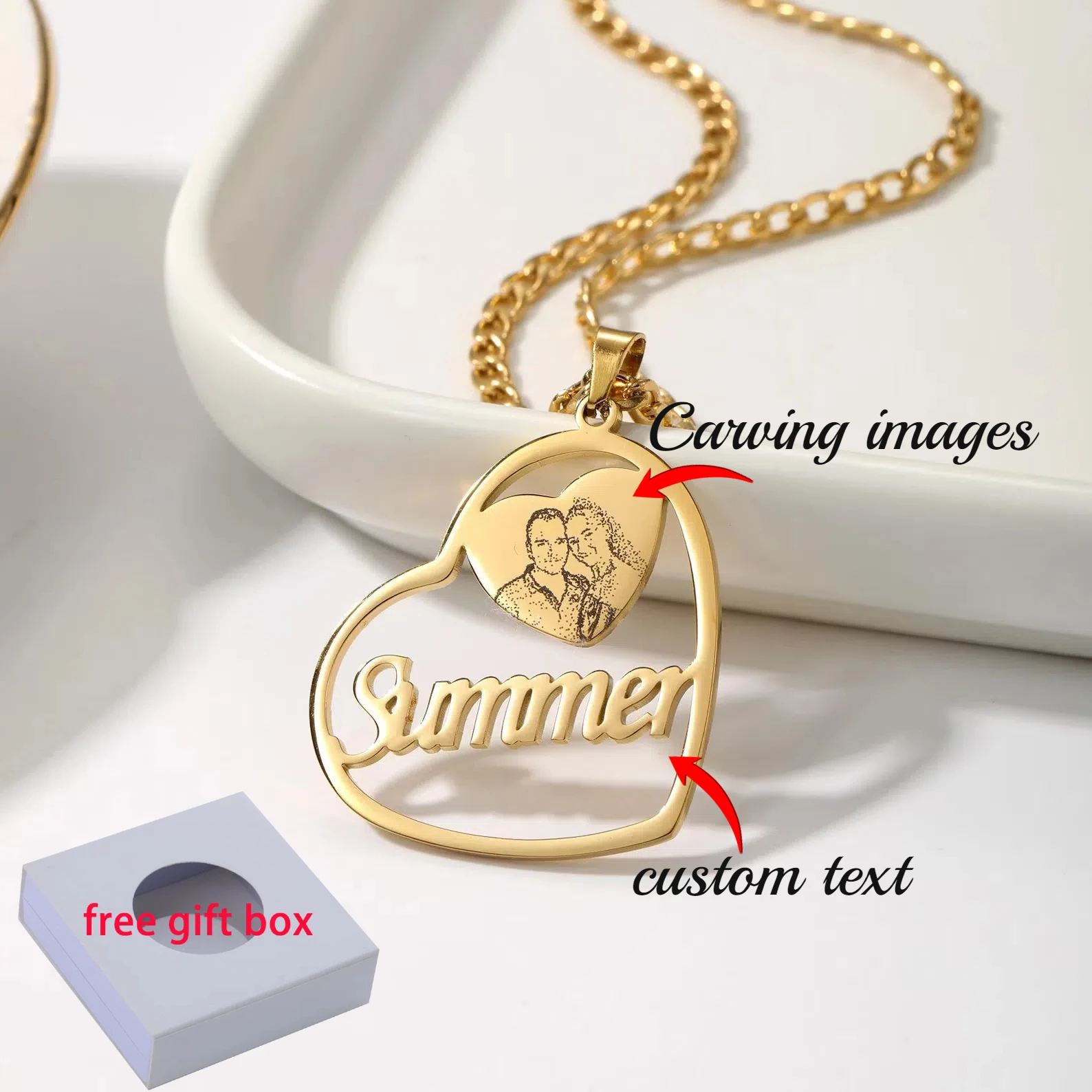 

Picture Engraved Heart Necklace Custom Name Stainless Steel Siblings Necklaces Family Xmas Gifts For Women Men Valentine Jewelry