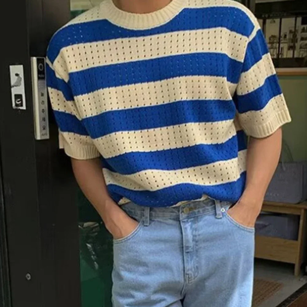 

Contrast Color Shirt Striped Short Sleeve Summer Wear Daily Wear O Neck Design Polyester Fabric Regular Length