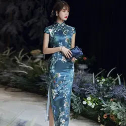  Chinese Dress Blue Silk Printing Qipao Customized Retro Elegant Sexy Cheongsam Cosplay Party Oriental Dresses China Clothes