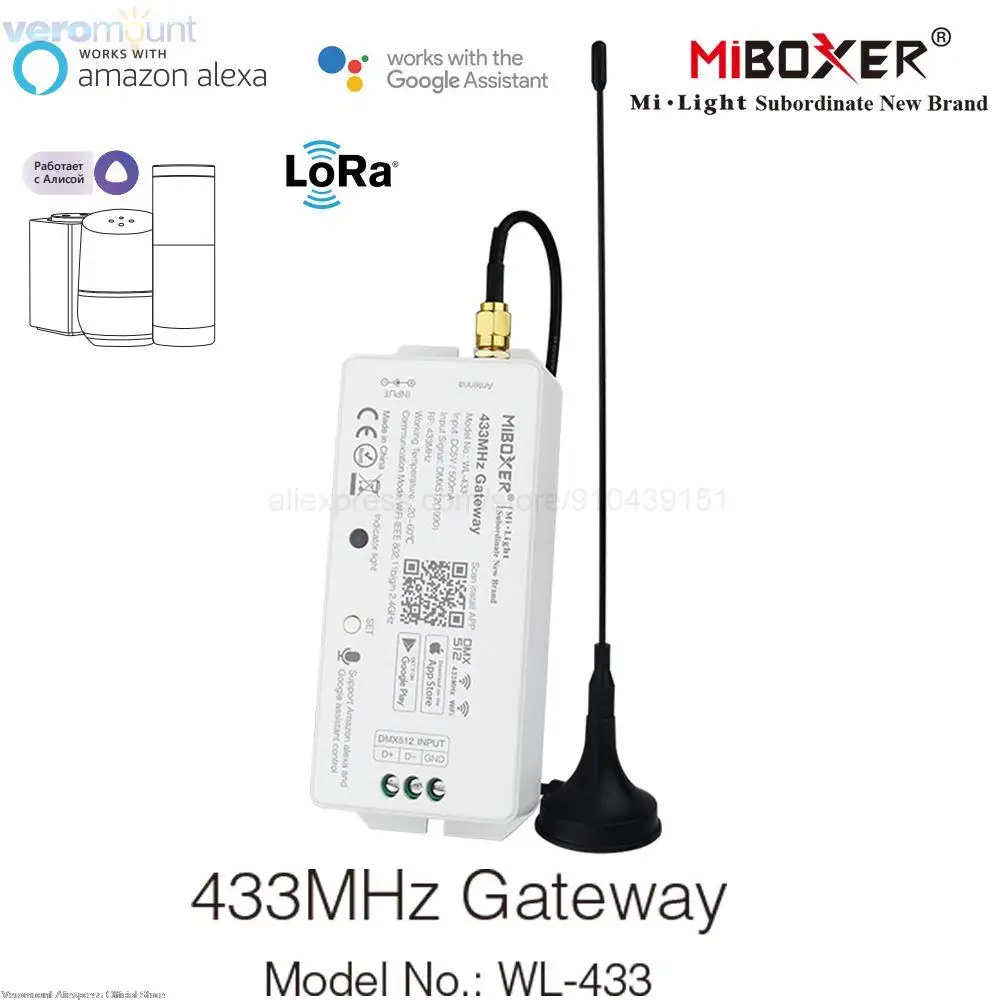 

Miboxer WL-433 433MHz WiFi Gateway DC5V 500mA RF DMX512(1990) Smartphone APP Voice Control for MiBOXER 433MHz Series Products