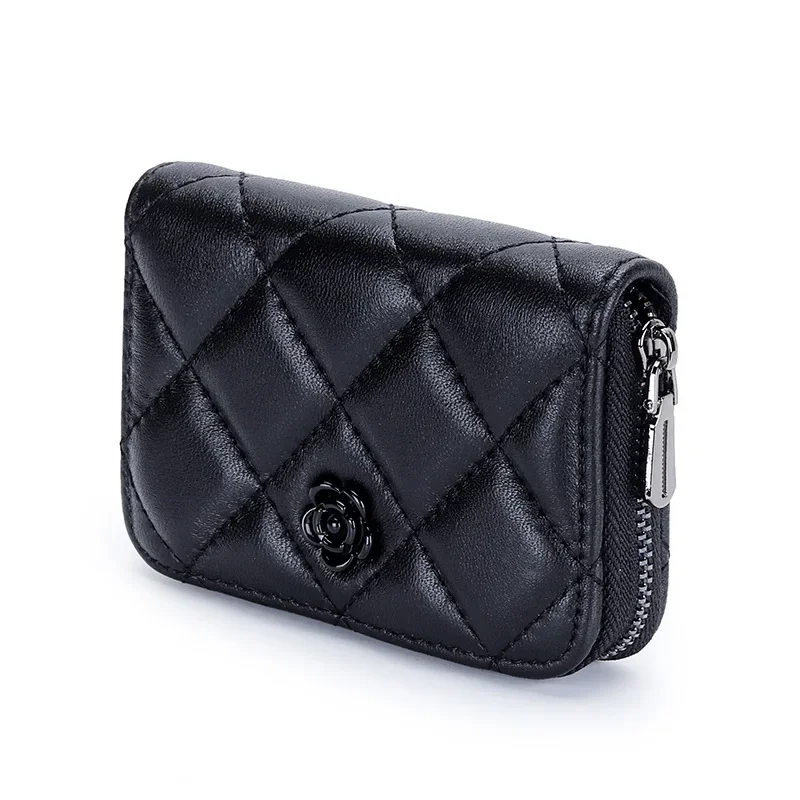 

Soft Sheepskin Small ID Card Holder Ladies Embroidered Rhombic Card Set New Leather Camellia Zipper Coin Purse