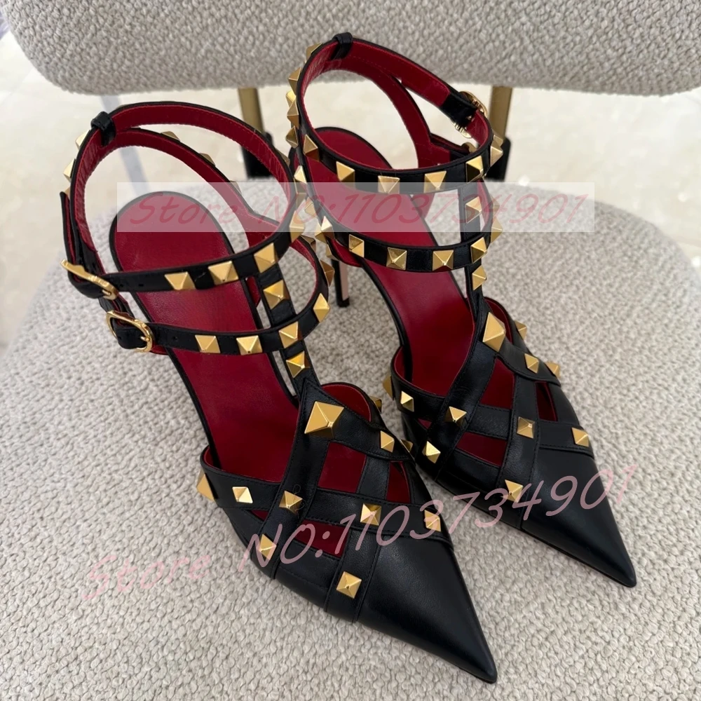 Women's Pointed Toe Stiletto Sandals With Gold Rivets Sexy Nude Pink Cross Strap Cut-Out Sandals Feminine Stylish Glam Footwear view 6