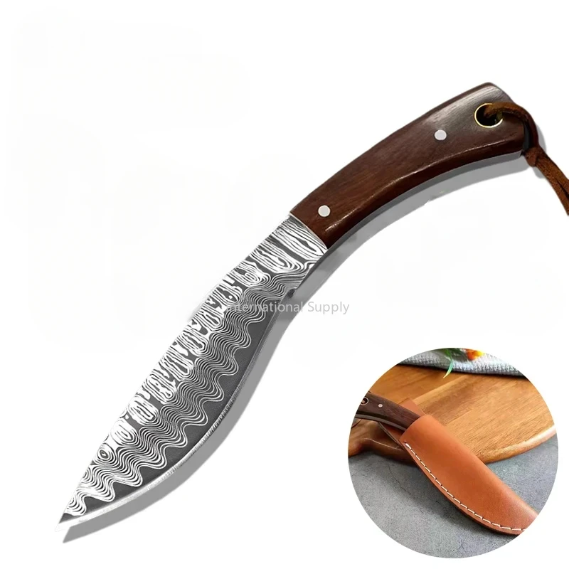 Damascus Patterned Old-fashioned Mongolian Knife, Mini Curved Knife, Barbecue Outdoor Knife, Meat Eating Knife