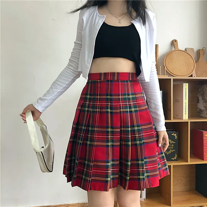 Red Plaid Pleated Skirt Women\'s Clothes Korean Stylish Girls School Clothes Summe Mini A Line Saias Black Skort For Women