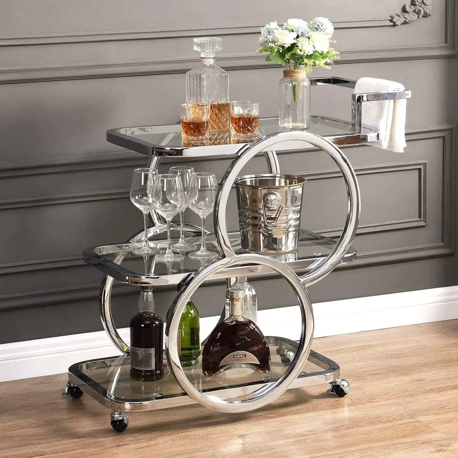 

Home Bar Serving Carts 3 Tier Kitchen Trolley on Wheels Mobile for Home Dining Room Living Room Party Chrome