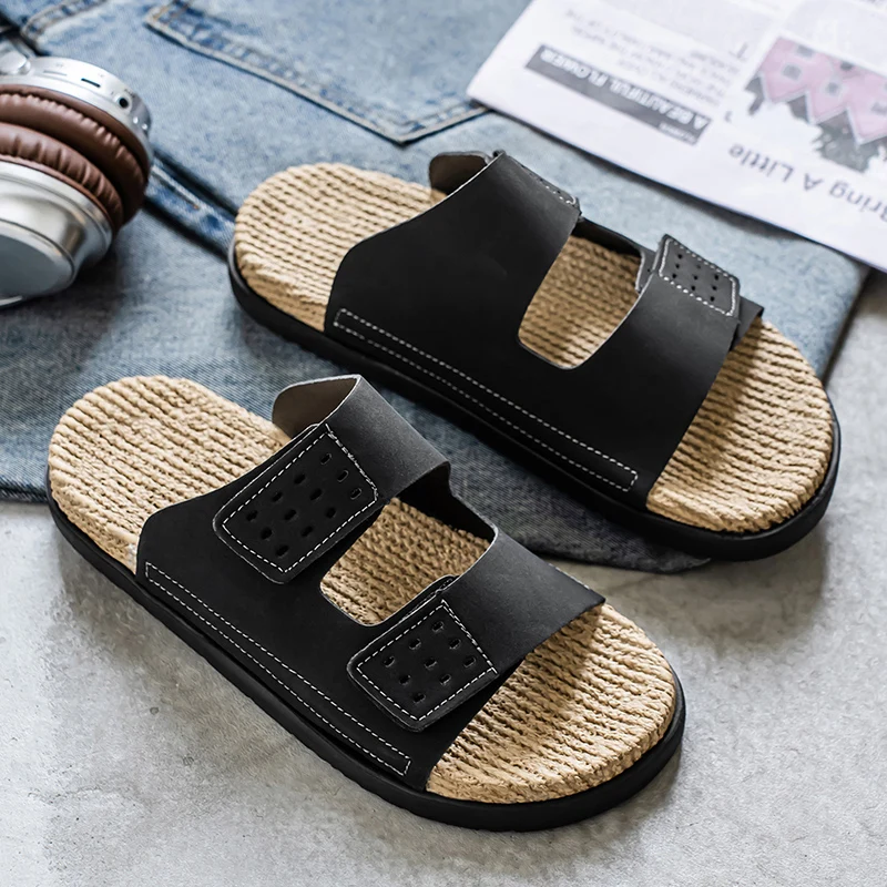 

Новые мужские однотонные сандалии-шлепанцы на все времена года, модные и высококачественные кожаные однотонные летние модные сандалии