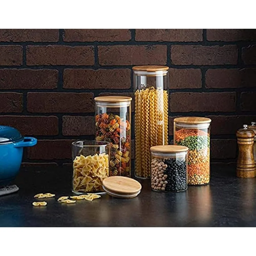 Set of 5 Glass Kitchen Canisters with Airtight Bamboo Lid - Glass Storage Jars for Pantry Organization and Bathroom for Flour C