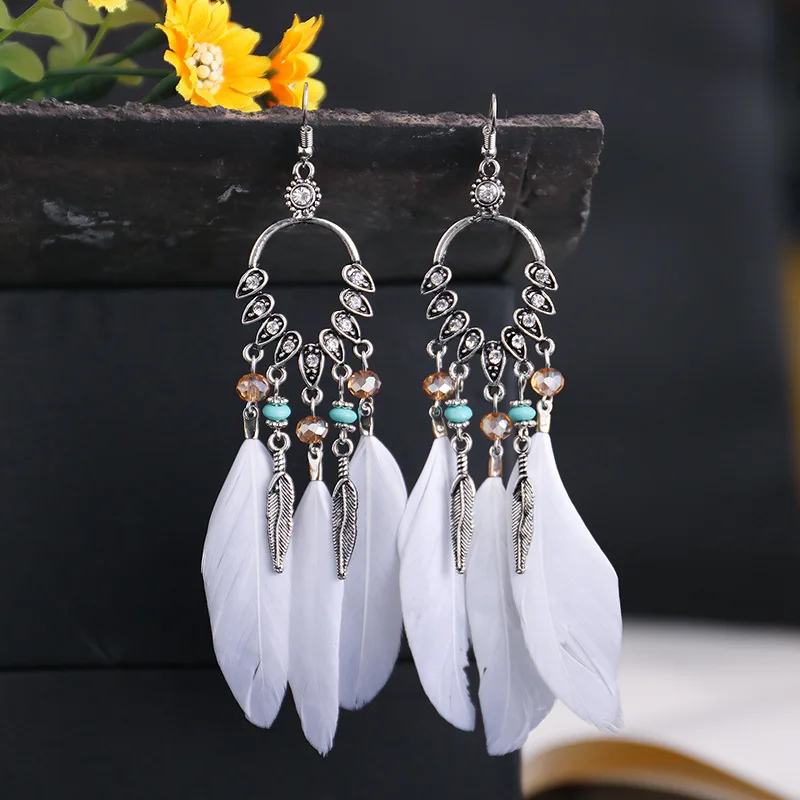 Bohemian Vintage Lange Weiße Feder Ohrringe für Frauen Ethnische Temperament Gold Farbe Kette Quaste Ohrringe Boho Hochzeit Schmuck – Detail 5