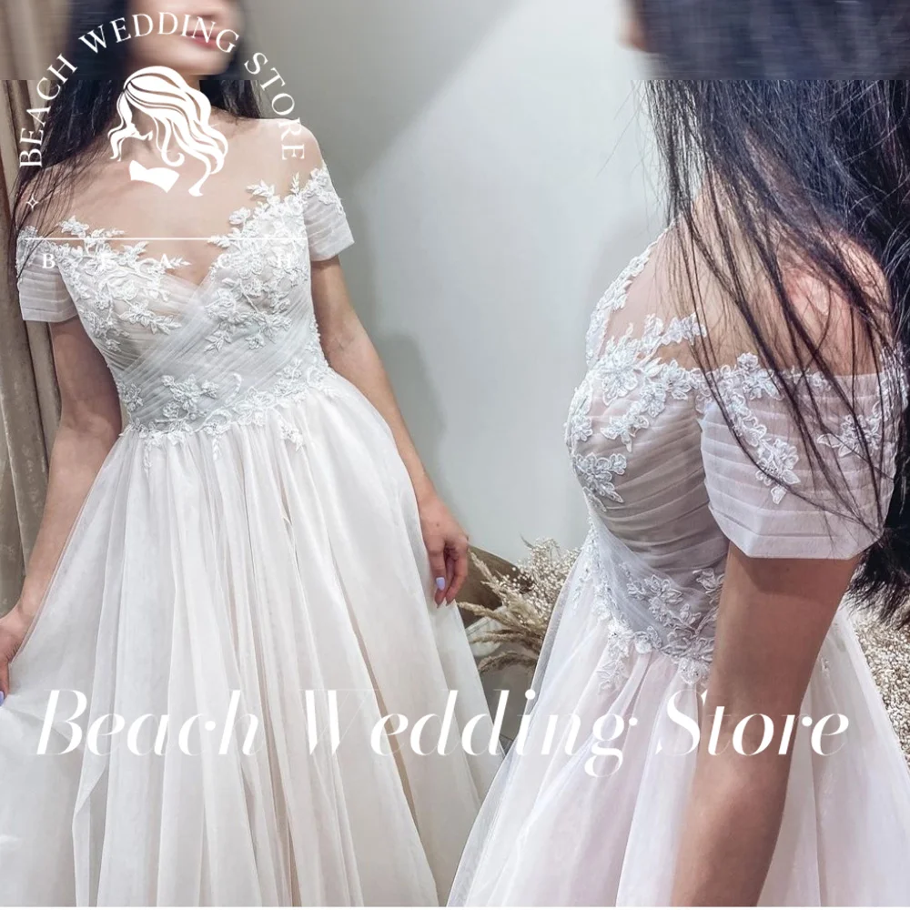 

Beach Customized A-line Princess Wedding Dress Short Sleeve Floor length Button Robe De Marie vestidos de novia Charming