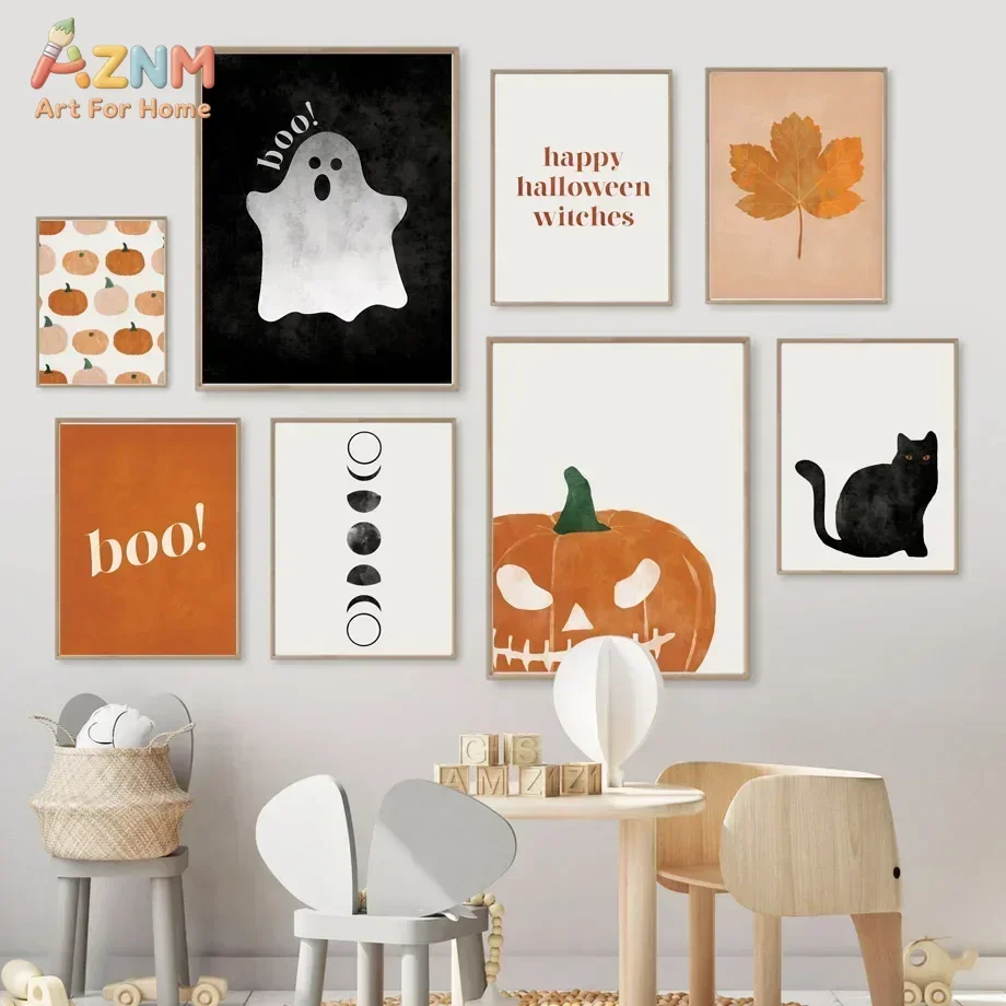 AZNM Minimalist Neutral Tone Halloween Ghost Pumpkin Black Cat Canvas Wall Art Boho Fall Season Nursery Home Decor Unframed Canv