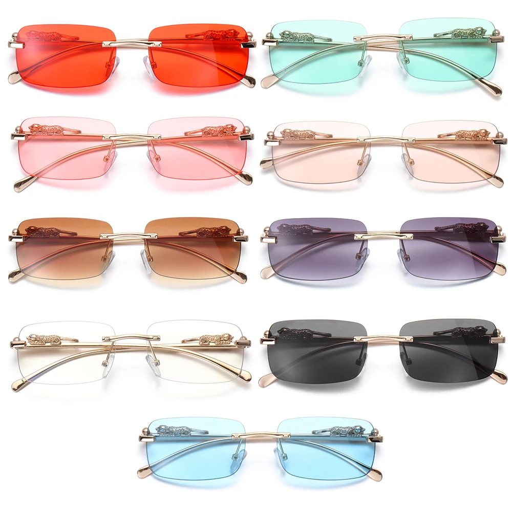 Fashion Eyewear Clear Shades Cheetah Decoration Ocean Lens Sun Glasses Rimless Rectangle Sunglasses