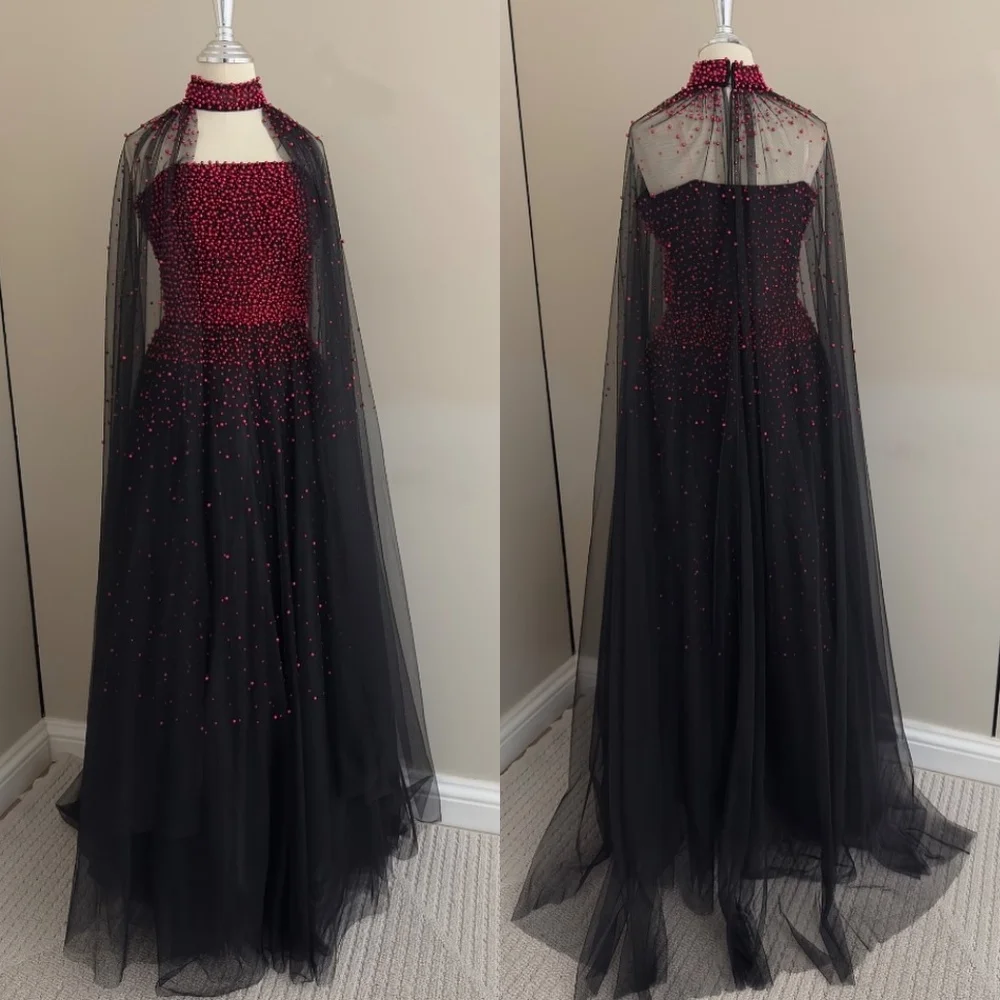 

Customized Formal Casual Net Pearl Pleat A-line High Collar Long Dresses Bespoke Occasion Exquisite Matching
