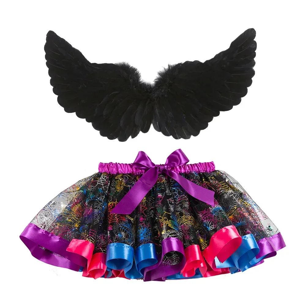 Kids Girl Skirt Witch Costume Spider Web Pattern Print Tutu Skirt Wing Children Halloween Carnival  Fancy Dress Up