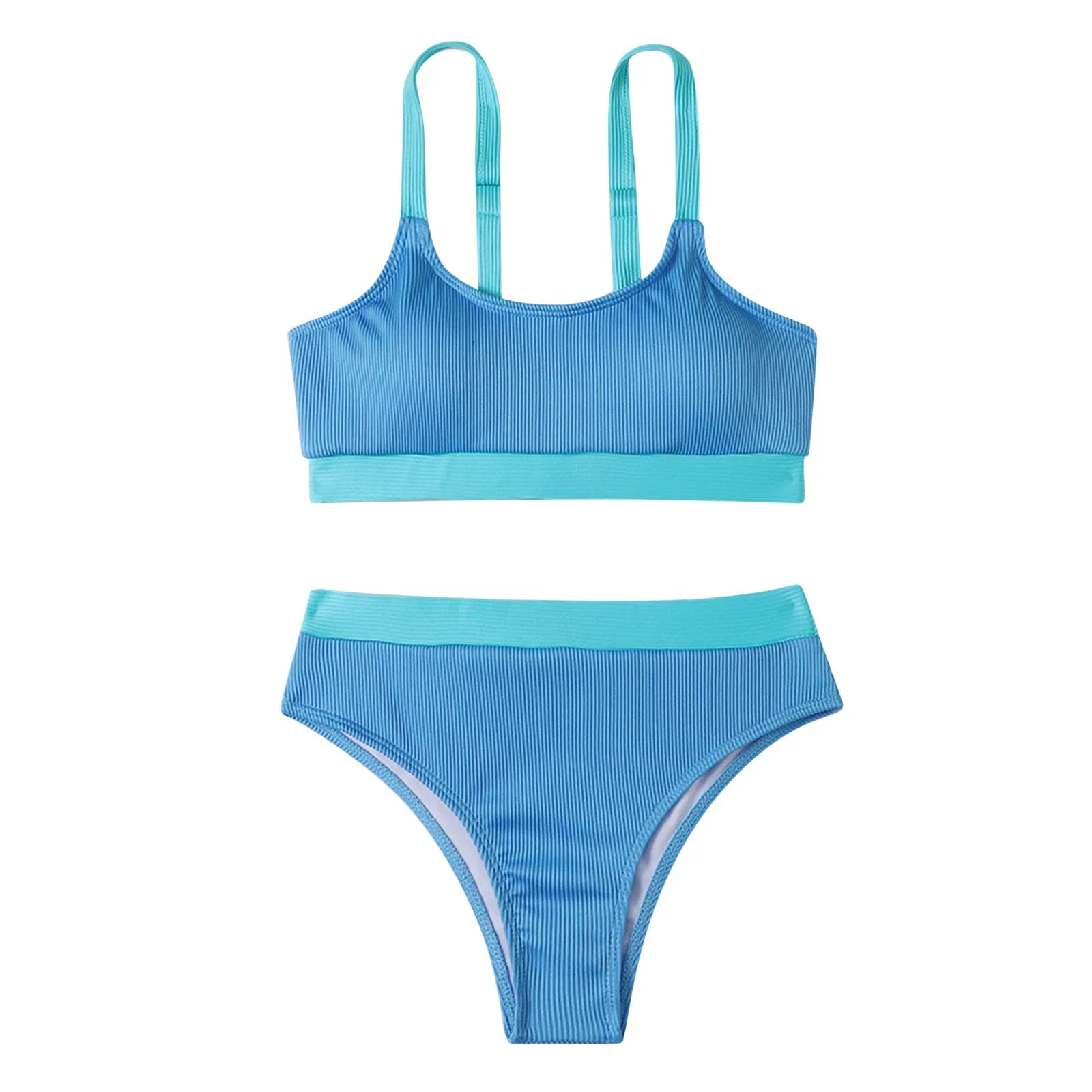 2024 Ribbed Women High Waist Bikini Set Solid Color Push Up Female Swimsuit Swimming Beachwear Suit Pool Bathing Swimwear