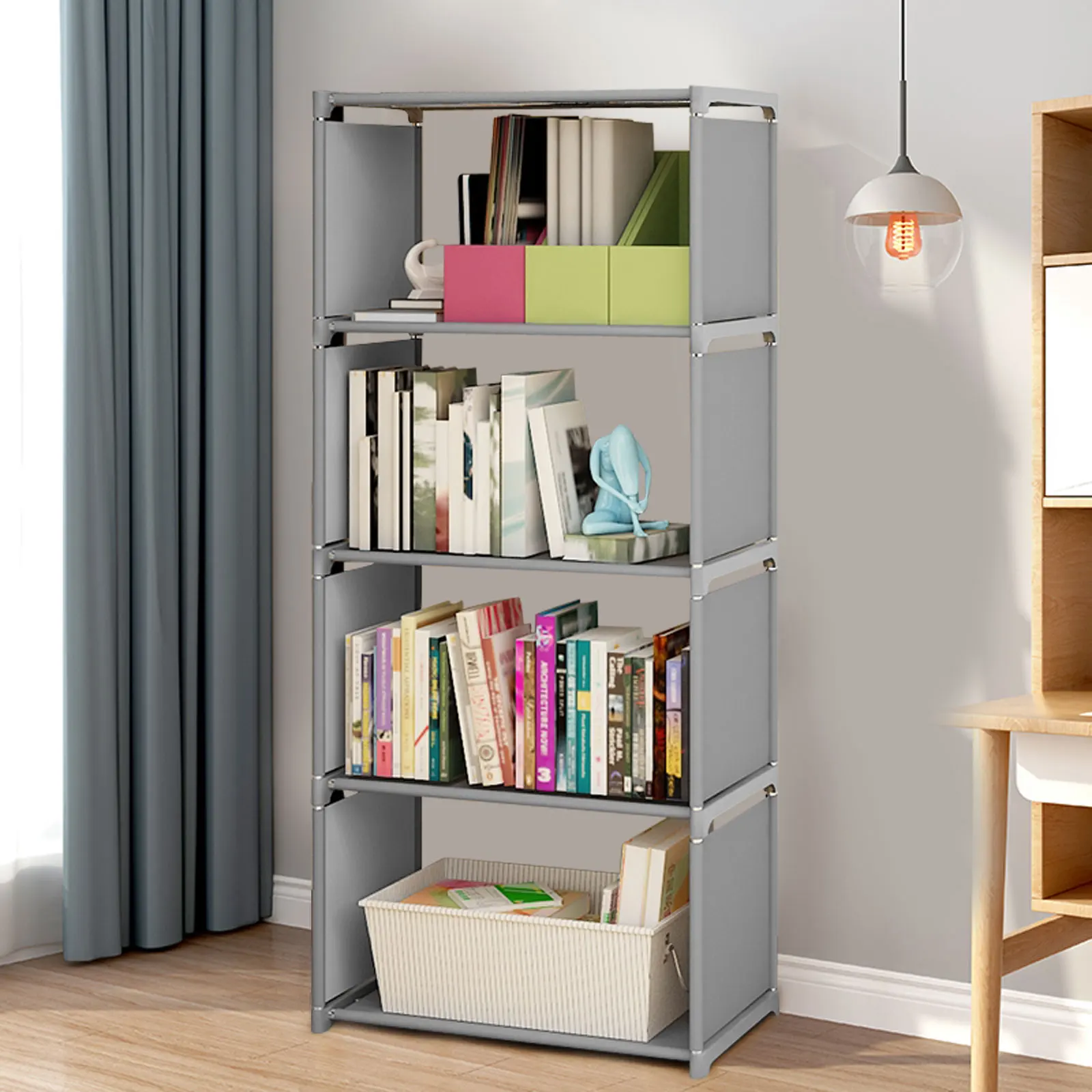 

4-Layer Bookcase DIY Square Storage Rack Grey Wall Shelf Book Rack Durable Display Stand Debris Shelf Bedroom Home Decor