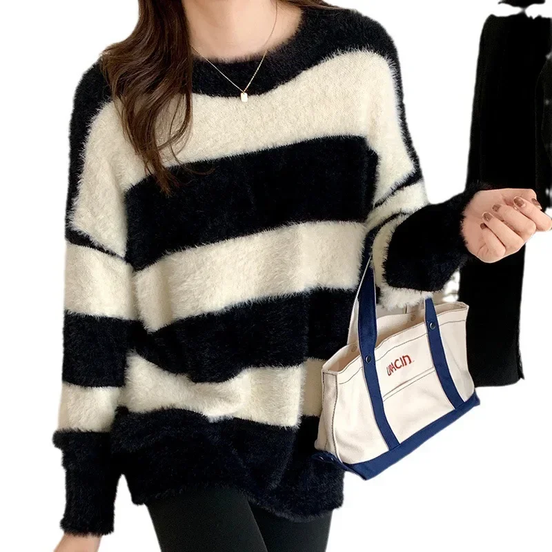 Fur Y2k Striped Kintted Sweater Women Long Korean E-girl Loose Pullovers Spring Autumn Winter Jumper Streetwear Sueter Mujer