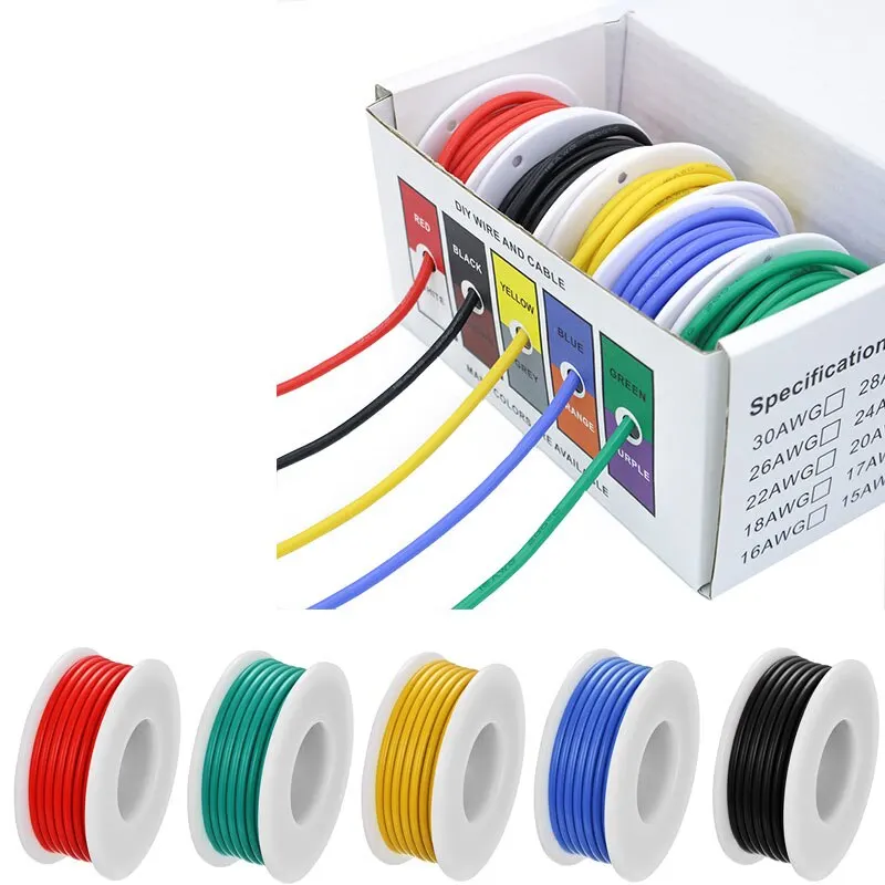 AWG-Encalhado Fio De Cobre Estanhado Elétrico, Carretel Flexível, Wi Eletrônico, 5 Cores, 16.4ft, 18 AWG, PVC, 5 Cores