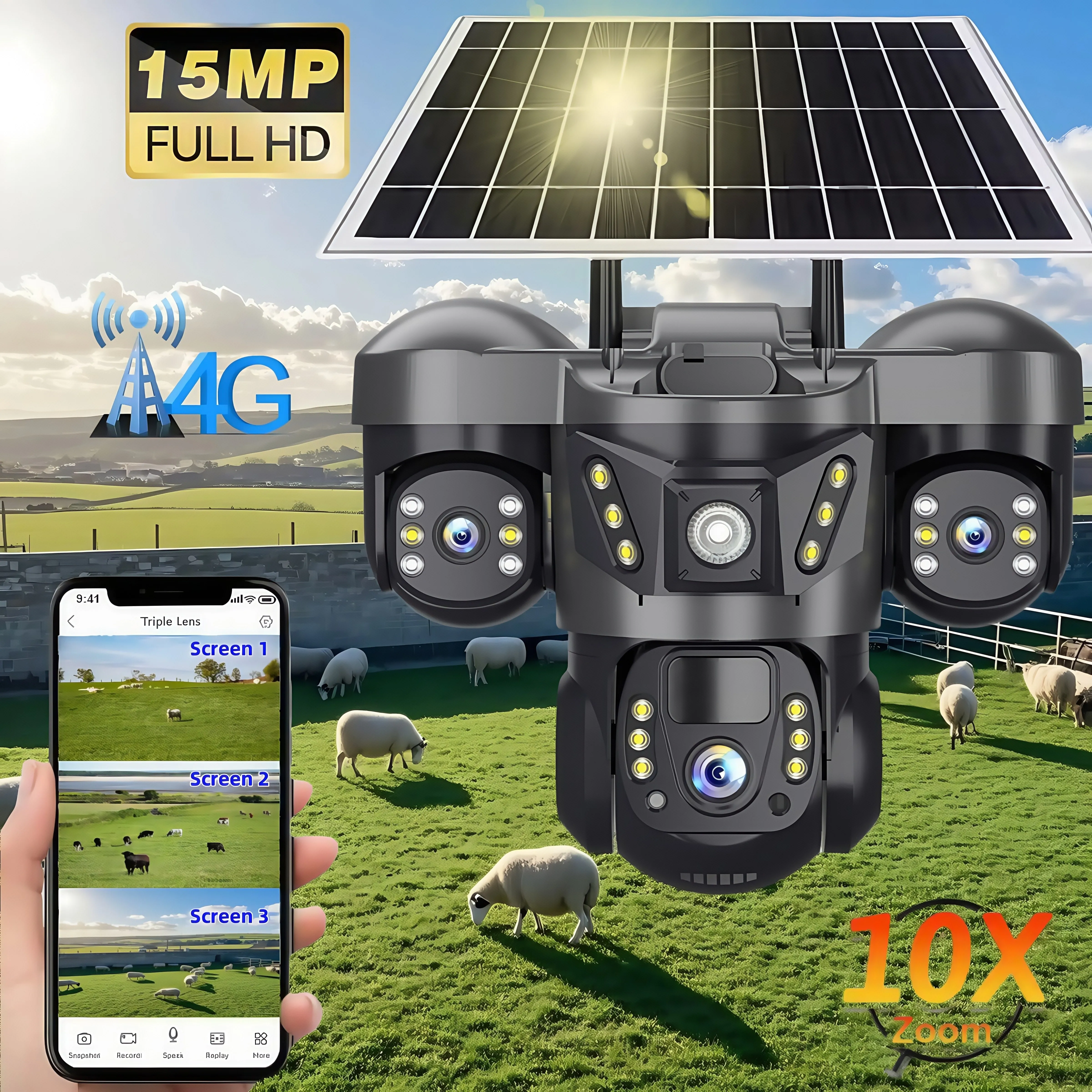 

V380 Pro 15MP 6K Потрой объектив 4G Солнечная уличная камера 8000 мАч Батарея 4G SIM PIR Цвет движения Ночное видение Двустороннее аудио Водонепроницаемая