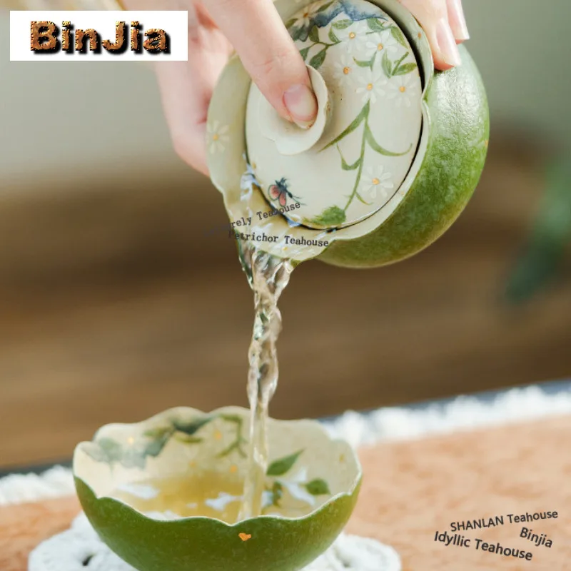 

Citrus Green Sprinkle Gold Hand Painted Daisy Travel Tea Set Kit Zen 1 Pot 3 Cups Tea Brewing Organizer Portable Picnic Tote Bag