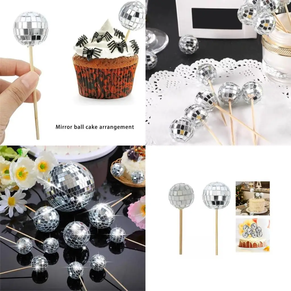 

E8BD 24pcs Cupcake Toppers for Party Decoration Stylish Reflective Sphere Cake Picks Accessories Cake Decorating Ornament