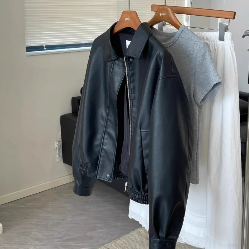 Women Black PU Leather Jacket Girls 2026 Fall Winter Vintage Trendy Outerwear Lady Cool Stylish Versatile Retro Long Sleeve Coat