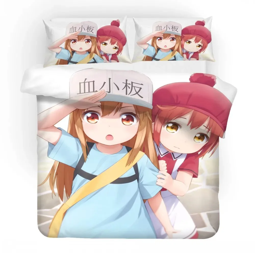 Anime Girls Bedding Set Cells at Work Duvet Cover Pillowcase Cartoon Comforter Cover Set 23 Piece Bed Linen Set for Teens Boys