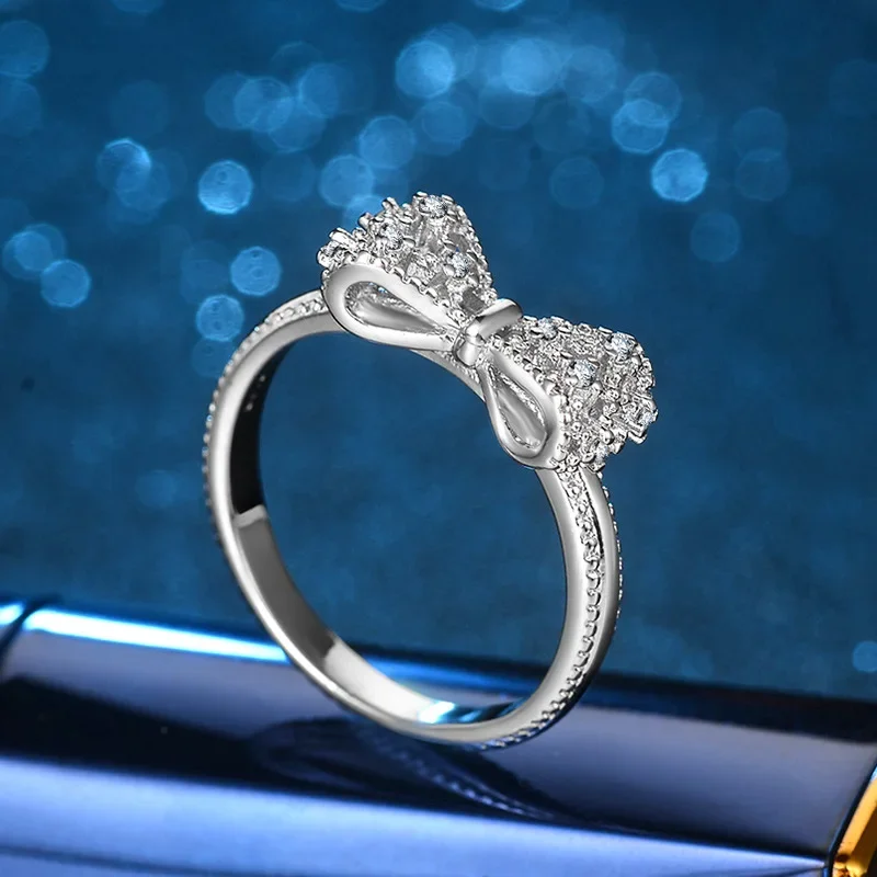 New Arrival Female Rings 925 Sterling Silver Lovely Bowknot Shaped Jewelry Ring Micro Paved Bow Tie Zircon for Girl Birthday