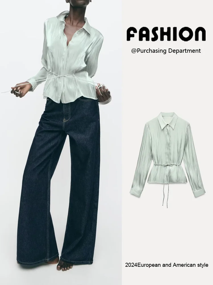 Csa Fena de Manga Longa Nova Coleção Primavera ZA2025 com Efeito Fla, Cintura Ajustável com Cordão, Estilo Casual, C...