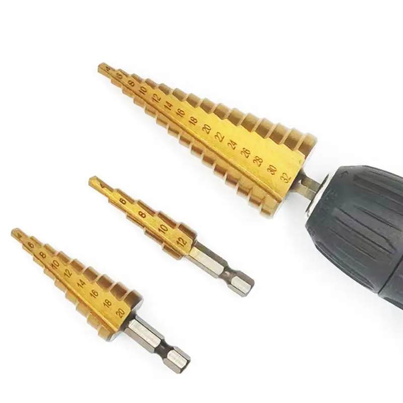 AT05-Pagoda Drill 4-12 4-20 4-32 Hexagonal Handle Straight Slot Three-Piece Set Hole Reamer Step Drill Step Drill
