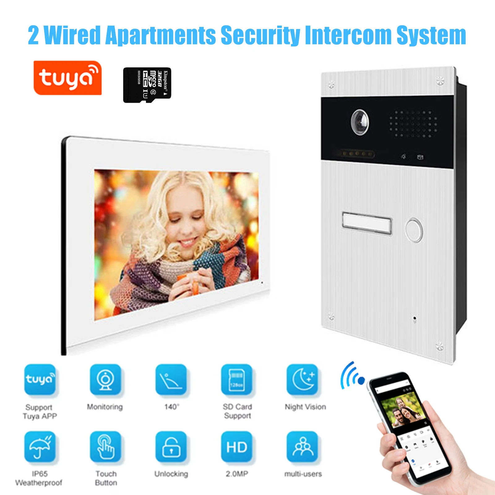 

Tuya 7-Inch Hands-Free Video Intercom DoorPhone for 2 Wired Apartments Security touch screen System for Building Automation