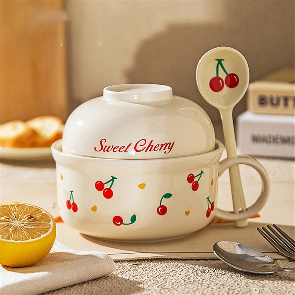 

Household Instant Noodle Bowl With lid Tableware Breakfast Kitchen Supplies Cartoon Cherry Blossom Ceramic Bowl With Spoon