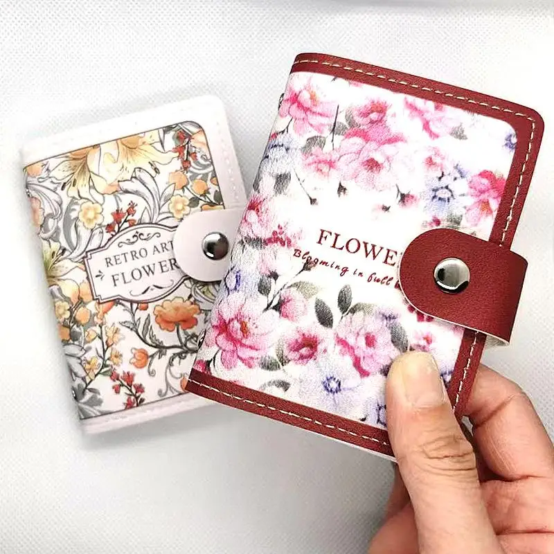Retro Floral Print PU Leather Card Holder With Snap Closure Multi Slots For Daily Shopping Travel