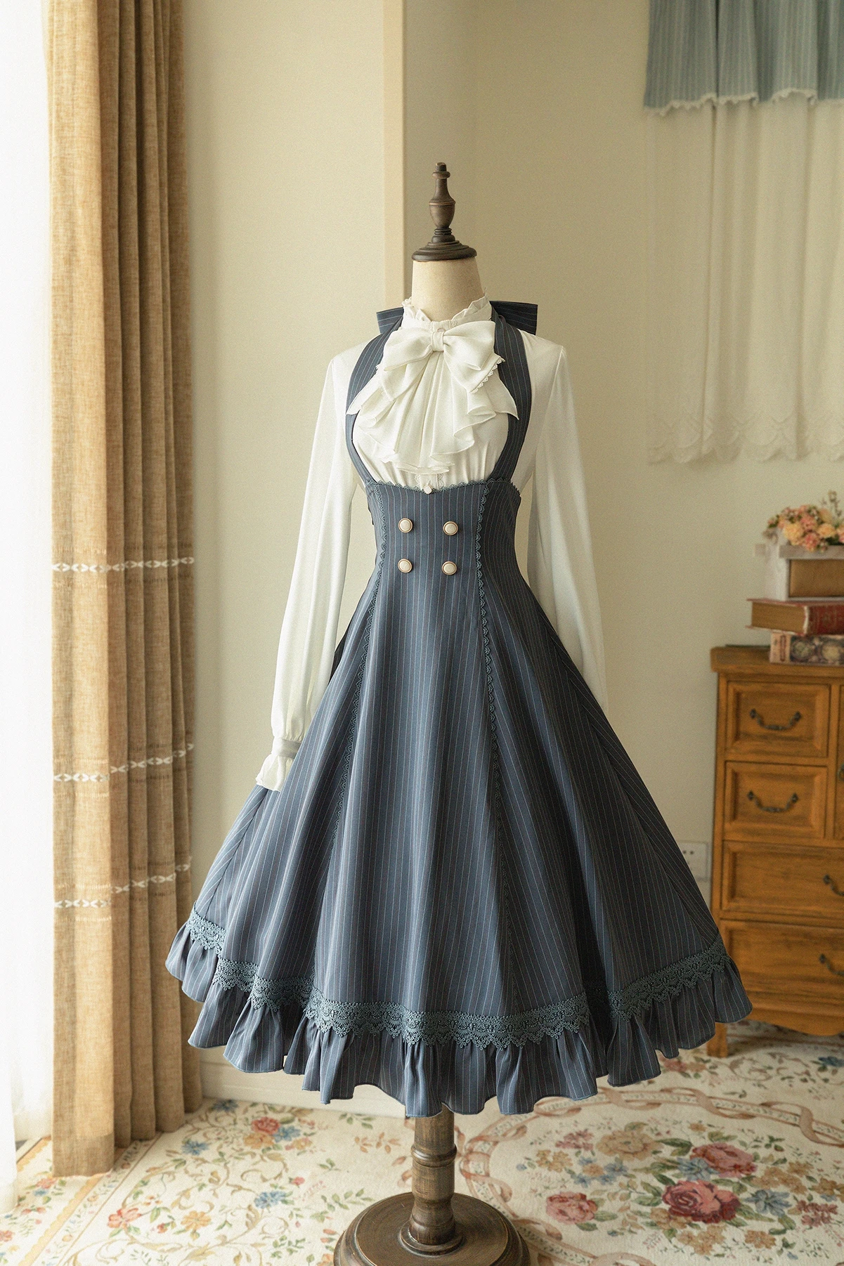 Original Lolita Woman Halter Sling Dress 2023 Spring and Autumn New French Style Lolita Complex Striped Gray Blue Strap Dresses