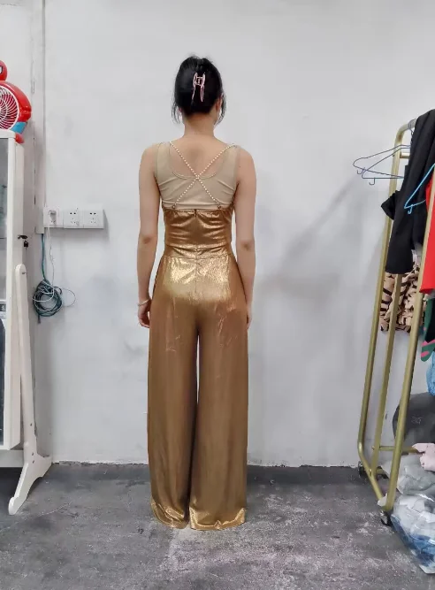 Dames Casual Lange Jumpsuits Temperament Woon-Werkverkeer Hals Mouwloos Ontwerp Vrouwen Kralen Band Metallic Wijde Pijpen Jumpsuit