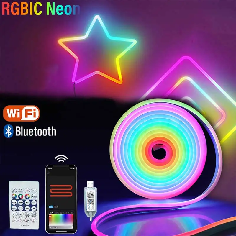 

49.3ft RGB Neon Strip Light Bluetooth USB 5V APP Remote control Neon Led Strip Lights 15M IP65 RGBIC Flex Ribbon Led Tape for Room Wall Decor Music