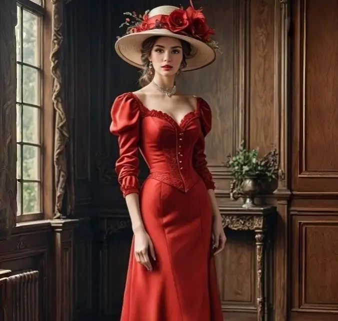 Suknia wieczorowa w stylu vintage, czerwona, z długim rękawem, trenem typu court, satynowa, elegancka, na przyjęcie, szyta na miarę, gorsetowa, w stylu wiktoriańskim, na studniówkę.