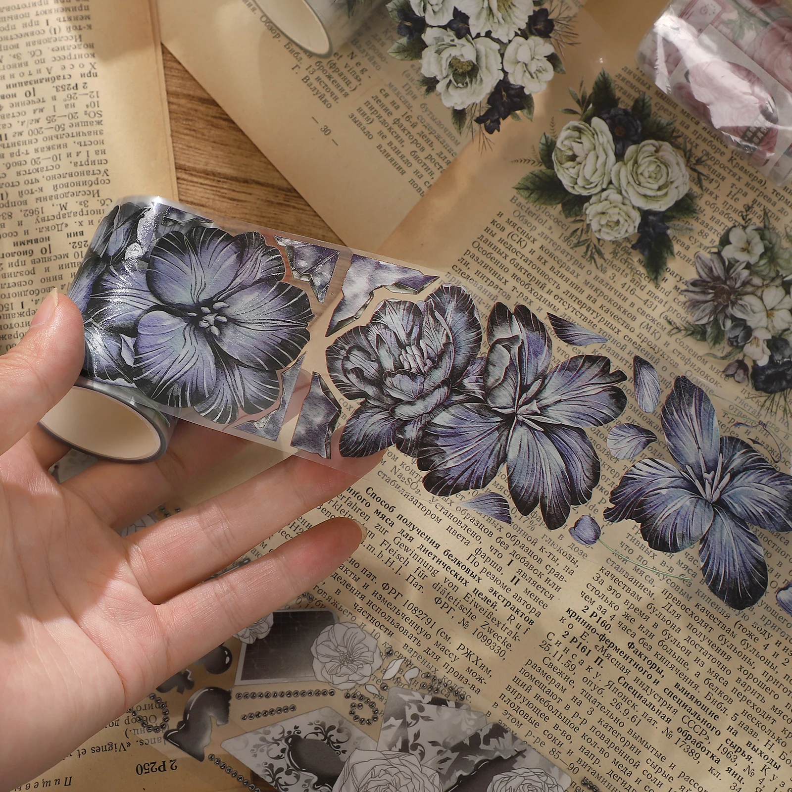 200cm/ Roll Multiple Specifications Vintage Flower Landscape PET Tape Creative DIY Journal Scrapbooking Collage Decor Stationery