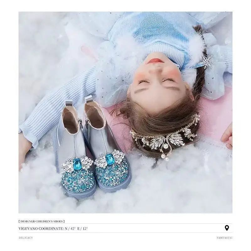 

Kawaii Girls Boots Autumn Winter New Princess Crystal Boots Shiny Plus Velvet Short Boots Children's Shoes Fashion