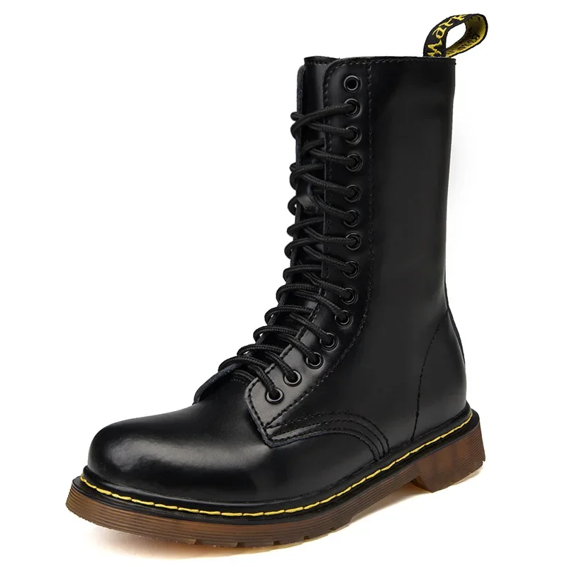 Unisex Large Size Cowhide Vintage Lace-up Combat Boots Men Riding Flat Women Motorcycle Short Snow Warm Plush